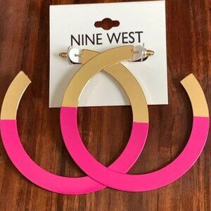 NINE WEST Retro 1980's Inspired Gold Neon Hot Pink Enamel 3" Hoop Earrings**NEW!